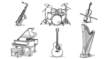 Hand-Sketched Musical Instrument Icons — Detailed Black Line Drawings of Saxophone, Drum Kit, Cello, Grand Piano, Acoustic Guitar and Harp (Musician Resource Set)
