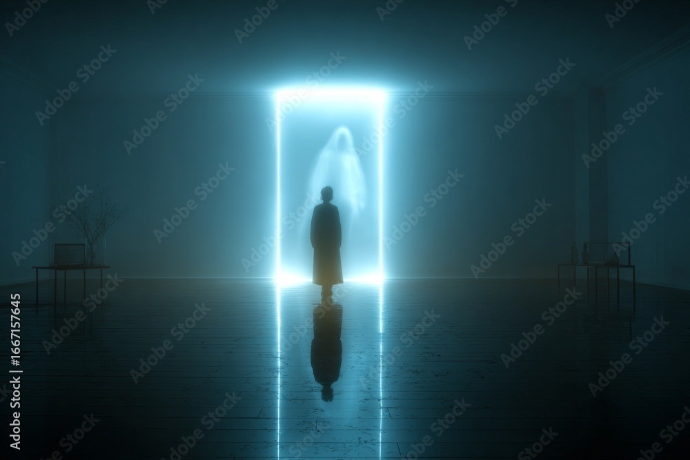 Poster surreal image of a person looking at a ghost reflecting in a bright rectangular doorway in a dark ro