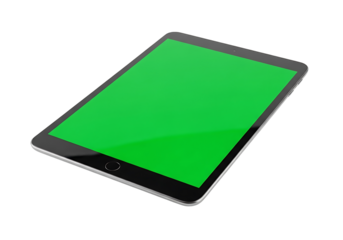 A modern tablet computer, angled, displays a vibrant, solid green screen against a sleek black backdrop.