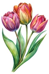 Naklejka premium Watercolor Painting of Three Beautiful Tulips with Vibrant Colors and Detailed Leaves