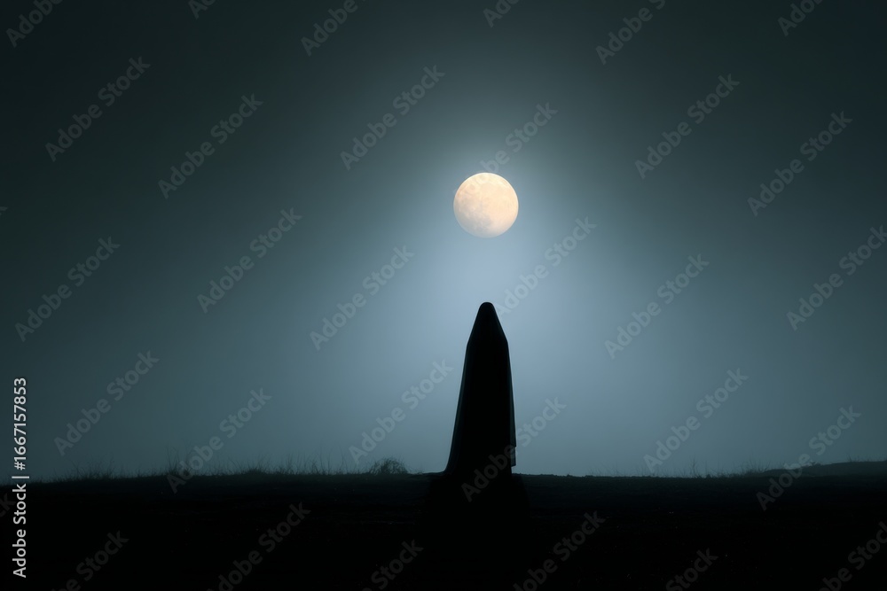 Poster silhouette of a mysterious figure standing in foggy field under a full moon, creating a spooky and s