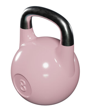 Olympic kettlebell, heavy cast iron powerlifting equipment with number 8, painted pink, isolated on white background. 3D illustration