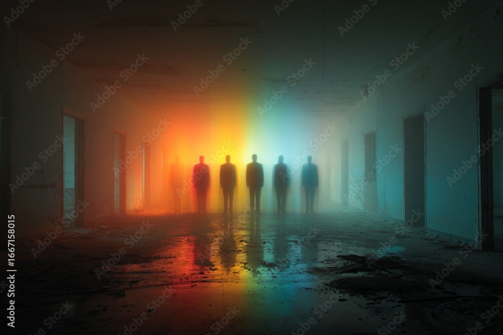 Poster surreal image of businessmen standing in a foggy corridor with colorful lights and reflections, crea