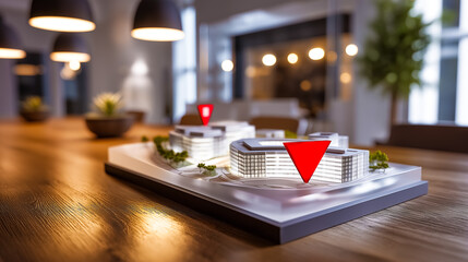 Architectural model of a modern building displayed on a polished wooden table in a well-lit contemporary office setting. Concept of architecture, design, real estate development