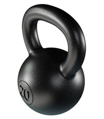 Kettlebell fitness weight, 20 kg heavy cast iron powerlifting equipment, painted black, isolated on white background. 3D illustration