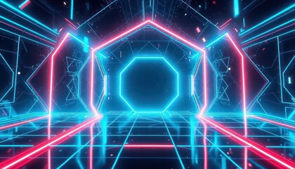 Vibrant futuristic tunnel with glowing neon lines and geometric portal, symbolizing technology, digital space, and innovation. Perfect for modern backgrounds.