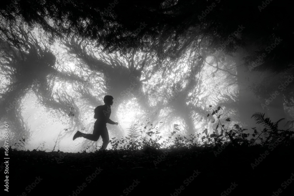 Poster Silhouette of a boy running in a misty forest, creating a mysterious and adventurous atmosphere
