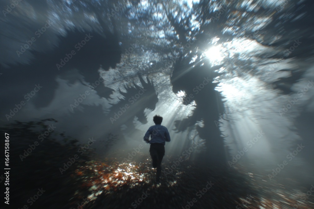 Poster man running in dark and scary forest with monsters and bright sun rays