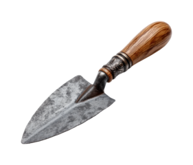 Gardening tool trowel workspace metal and wood, isolated on transparent background, png