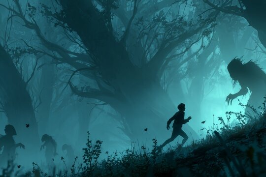 Boy running from scary monsters in a dark and mysterious forest, creating a suspenseful and eerie atmosphere - Powered by Adobe