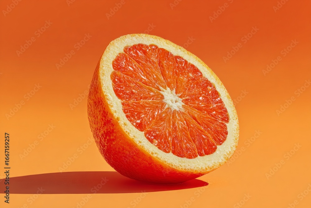 Poster freshly cut grapefruit half displaying its vibrant color and juicy texture against a complementary o
