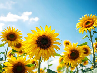 Obraz premium Sunflower Field Under Bright Blue Sky - Vibrant Nature Photography