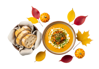 A high-angle, autumnal view of a bowl of creamy pumpkin soup, garnished with pumpkin seeds and chives, alongside slices of fresh bread.