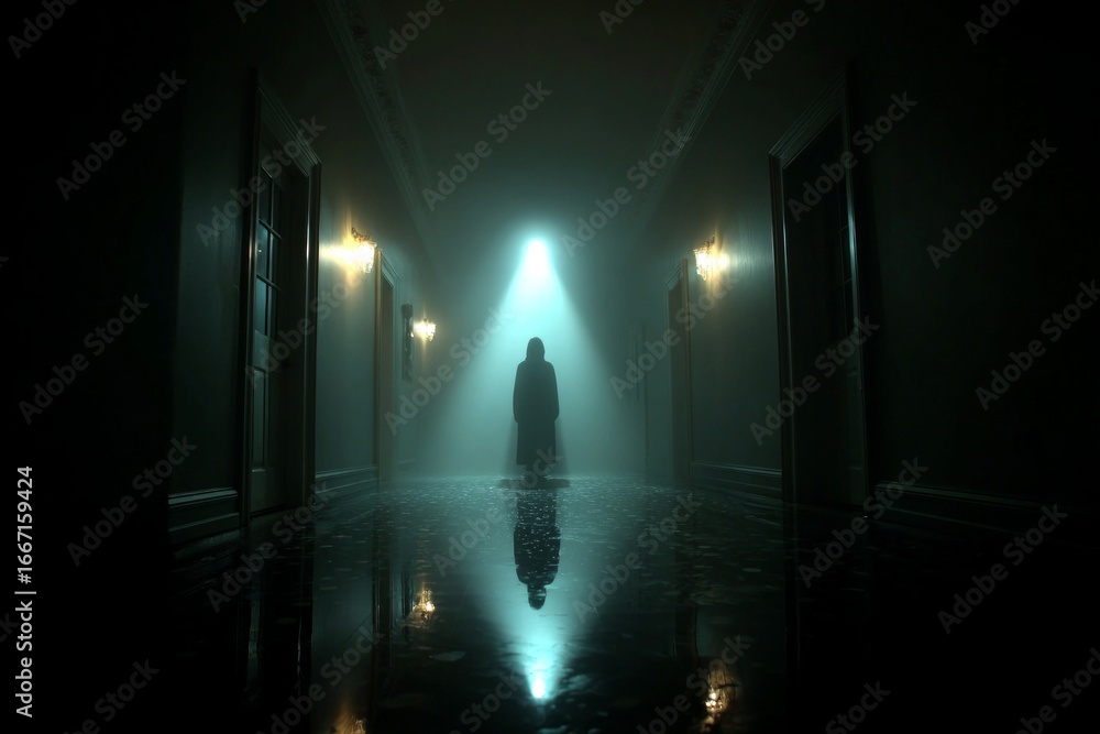 Poster spooky hooded figure reflecting in a wet dark corridor with fog and light, creating a mysterious and