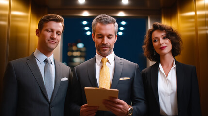 Three business professionals in a corporate elevator collaborating over documents. Sleek setting with metallic accents and glowing city lights in background