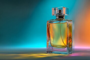 Glass perfume bottle with golden liquid on colorful gradient background, creating a luxurious and glamorous atmosphere