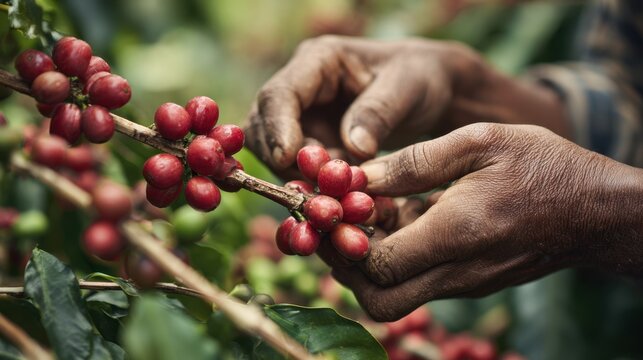 Medium shot of hands picking ripe organic coffee cherries with soft background blur highlighting fair trade harvesting