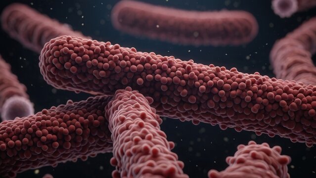 Clostridioides difficile view inside human colon, Clostridioides difficile bacteria (rods) adhering to inflamed intestinal epithelium, reddened tissue, scattered inflammatory cells