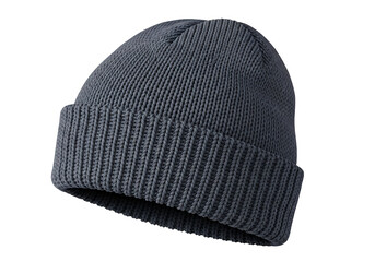 A close-up view of a stylish, dark gray knitted beanie against a plain black background.