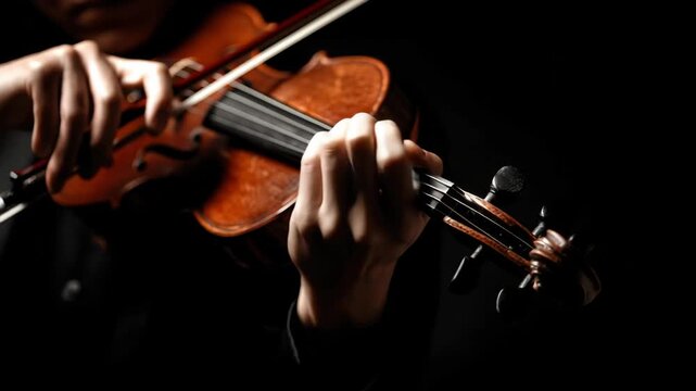 A skilled musician plays a beautiful piece on the violin, showcasing technical proficiency and emotion in a dimly lit environment, creating an intimate atmosphere.