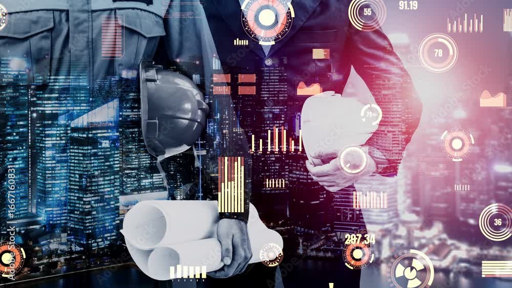 Poster future building construction and inventive engineering project concept with hud hologram graphic des