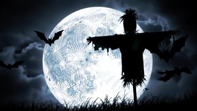 Scarecrow, bat, full moon, night field; Halloween