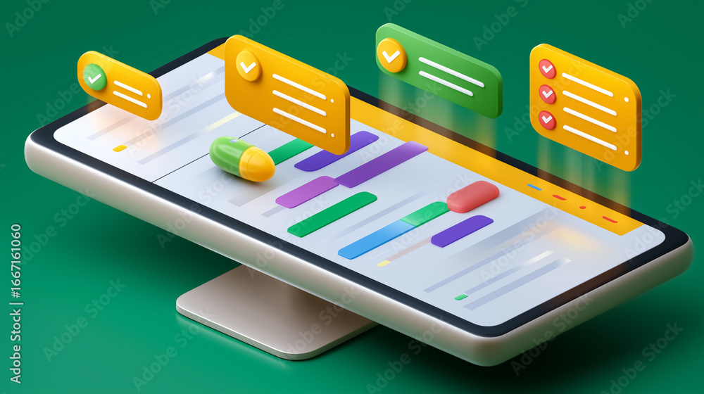 Poster digital gantt chart showcases task timelines and completion progress with colorful notification bubb