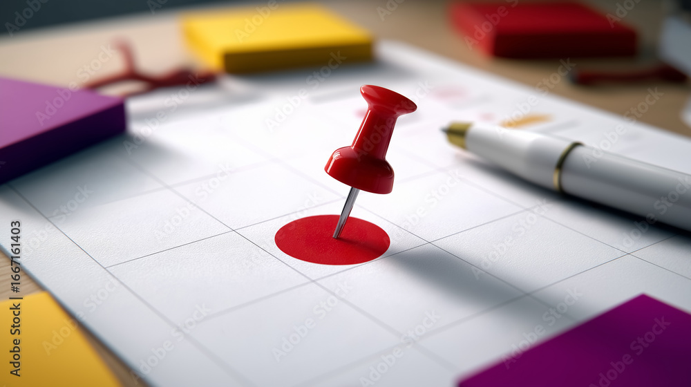Poster red pushpin sticks into marked date on large wall calendar. desk setting includes colorful sticky no