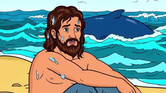 Biblical Prophet Jonah Sitting on Beach After being Spit out by Large Fish Whale, Old Testament Cartoon Animation Bible Story