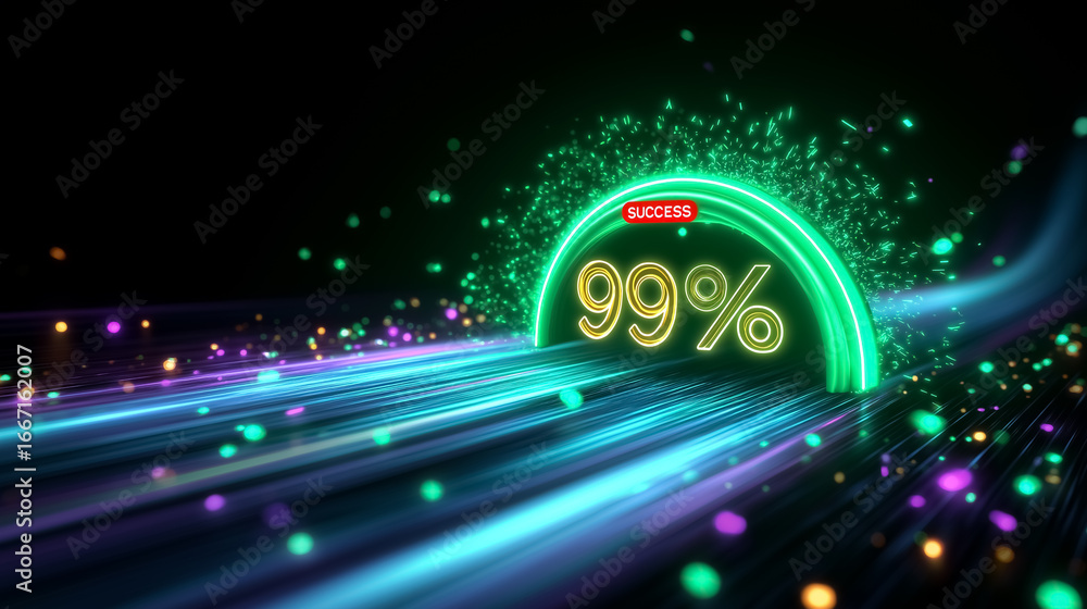 Poster massive glowing success indicator showing 99 percent progress in colorful digital design. bright vis