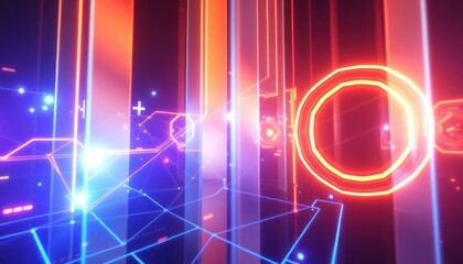 Abstract digital landscape with glowing neon lines and geometric shapes representing data flow, technology, and interconnected networks.