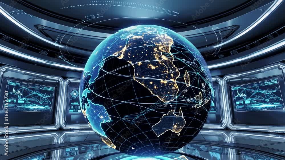Poster futuristic video concept with a high-angle view of a glowing digital globe in a tech-themed room, su