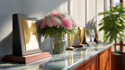 Bright interior with minimalist award shelf featuring trophies and a vibrant floral arrangement. Sunlight casts soft shadows on a polished surface. Concept of achievement, recognition, events