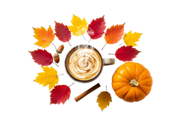 A beautifully arranged autumnal scene featuring a latte art coffee drink, colorful leaves, acorns, and a pumpkin, all set against a striking black backdrop.