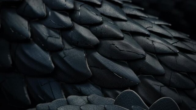 Close-up of dark dragon scales with rough texture and layered reptilian armor pattern.