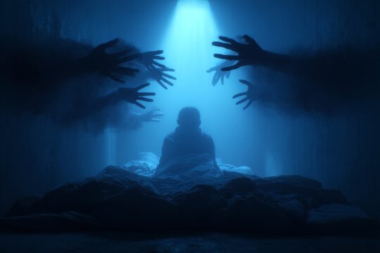 Spooky hands emerging from the dark reaching for a terrified child sitting in bed at night, depicting a nightmare or sleep paralysis