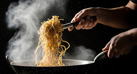 A dynamic and atmospheric action shot of a chef stir-frying fresh noodles in a wok.
