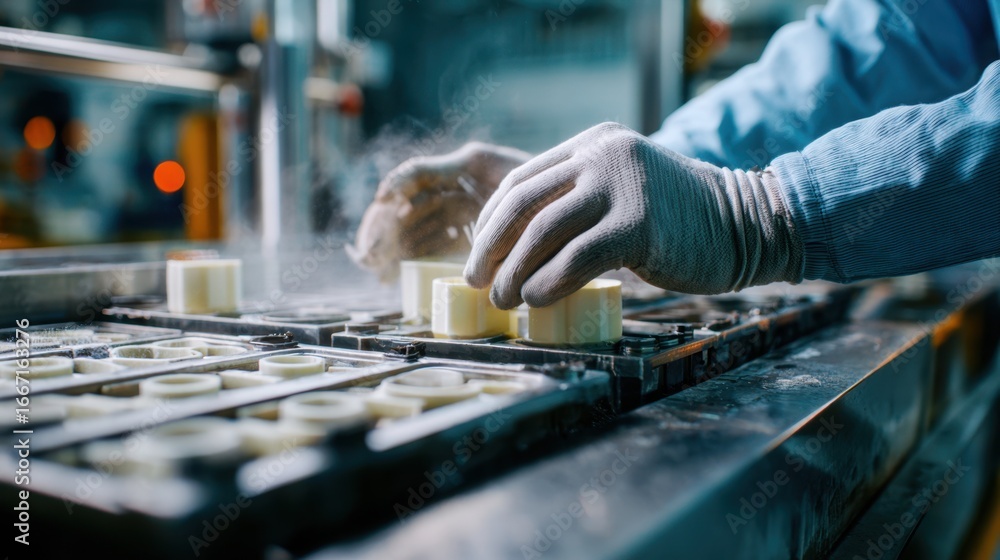 Poster medium shot of skilled worker carefully loading wax patterns into a vacuum casting machine main obje