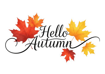 Hello autumn text with colorful watercolor maple leaves isolated on transparent background