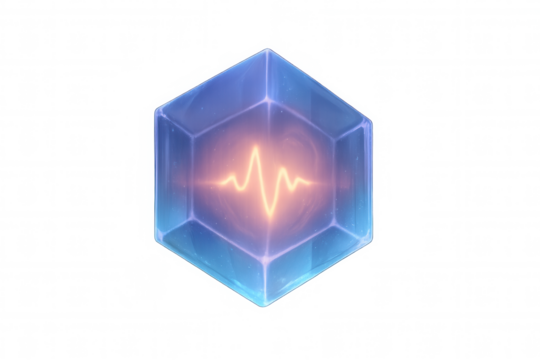 Transparent hexagonal prism containing glowing pulse, symbolizing futuristic energy source or heartbeat monitor, on transparent background - Powered by Adobe