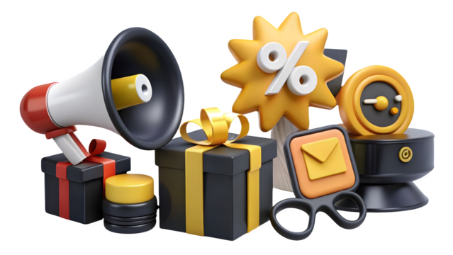 Exciting marketing and sales promotion set featuring a megaphone gift boxes a sun symbol with percentage sign and a stopwatch