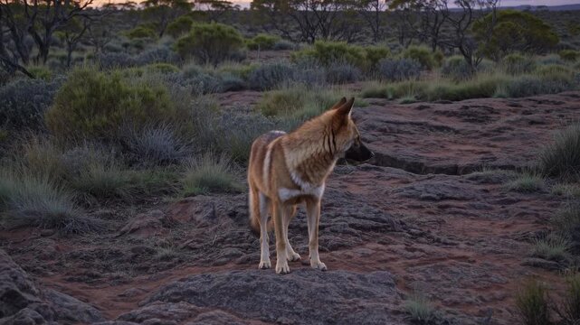 A low-angle video still of a dingo standing on rocky terrain at sunset, surrounded by sparse vegetation and silhouetted trees in the background.