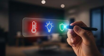 Smart Home Control Interface with Thermometer, Lightbulb, and Shield Icons