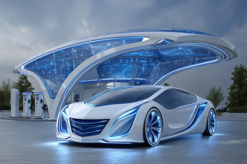 Fototapeta premium Futuristic car design with modern charging station backdrop.