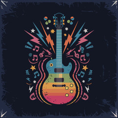 2d vector illustration art  Retro music guitar with symbol and rock music with colorful  background, Summer t shirt 
