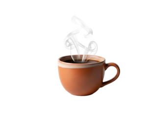 A terracotta-colored coffee cup, full of dark coffee, is captured against a black background, showcasing a swirling pattern of steam rising.