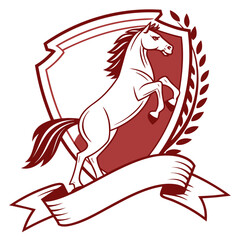 Horse symbol on red shield - vector emblem with changeable text on ribbon. 