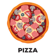 Italian Pizza Capricciosa. Italian food. Vector illustration. Hand drawn flat food style. Top view. Menu, package, logo, design template.