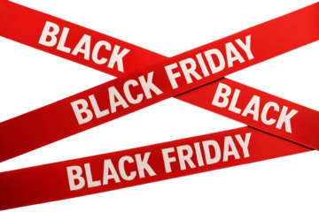 Red ribbon with black friday text repeated across the frame for retail promotions and online sales advertising concepts