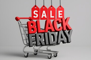 Black friday sale text in 3d 3d letters with shopping cart and red sale tags on a studio light grey background